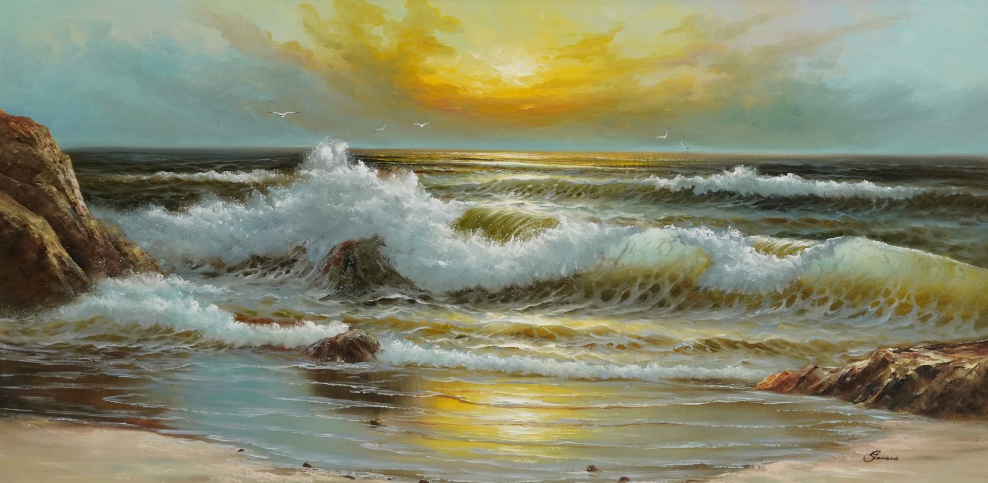 Coastal scene with crashing waves, oil on canvas, indistinctly signed, framed, 151cm x 75cm