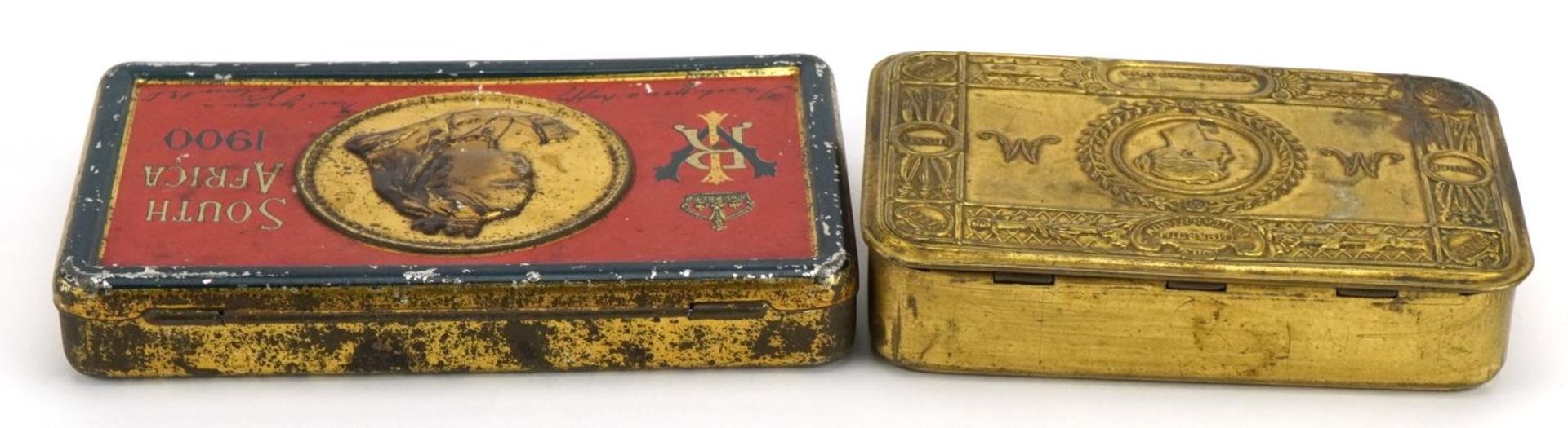 Two military interest tins comprising World War I brass Mary and Boer War, the largest 15.5cm wide - Image 3 of 4