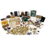 Sundry items including world banknotes, antique keys, vintage sunglasses, porcelain figures and