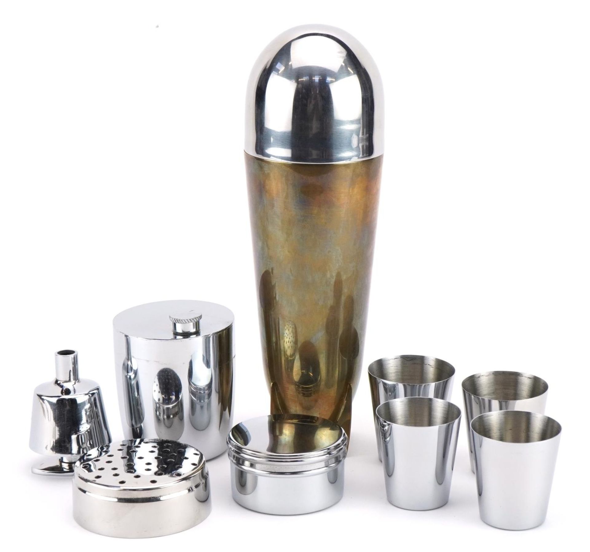 Silver plated cocktail shaker in the form of an aeroplane bomb, 24cm high