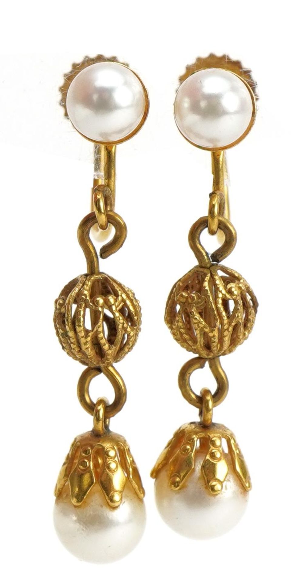 Pair of 9ct gold pearl drop earrings with screw backs, 3.1cm high, 2.5g