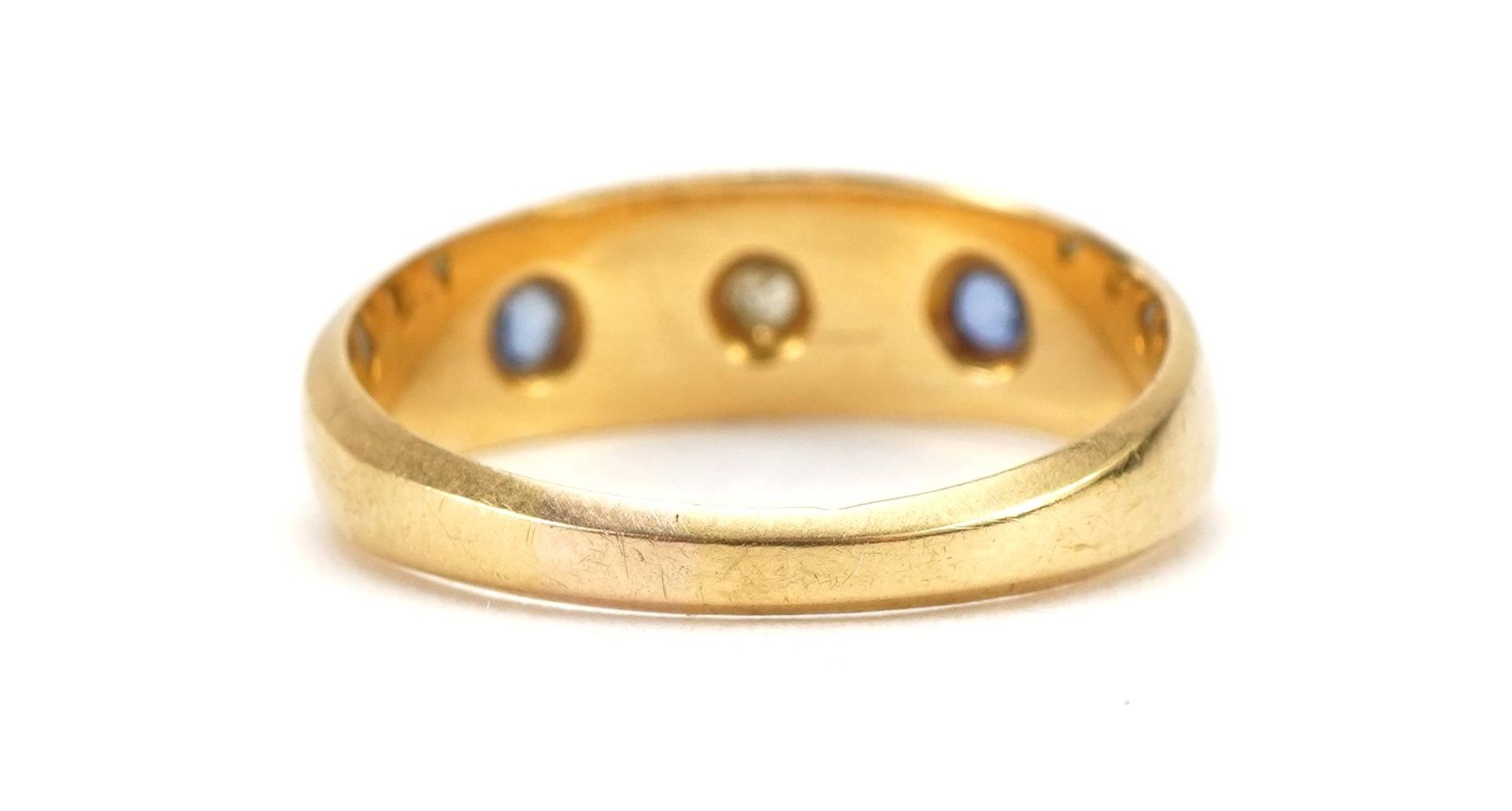 George V 18ct gold diamond and sapphire three stone Gypsy ring, Birmingham 1918, size P, 3.9g - Image 2 of 3