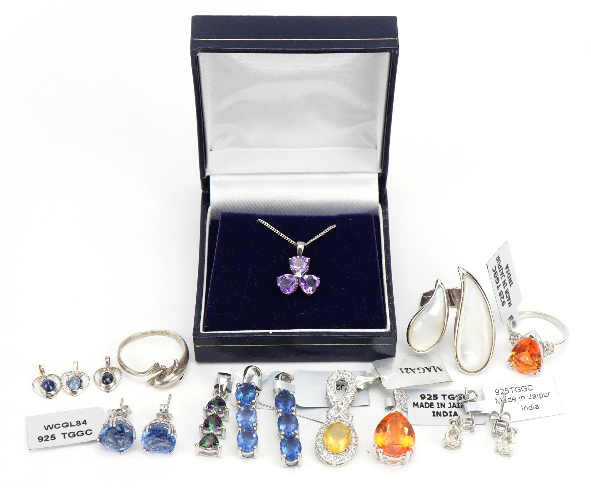 Silver jewellery set with semi precious stones including amethyst, sapphire and citrine, total