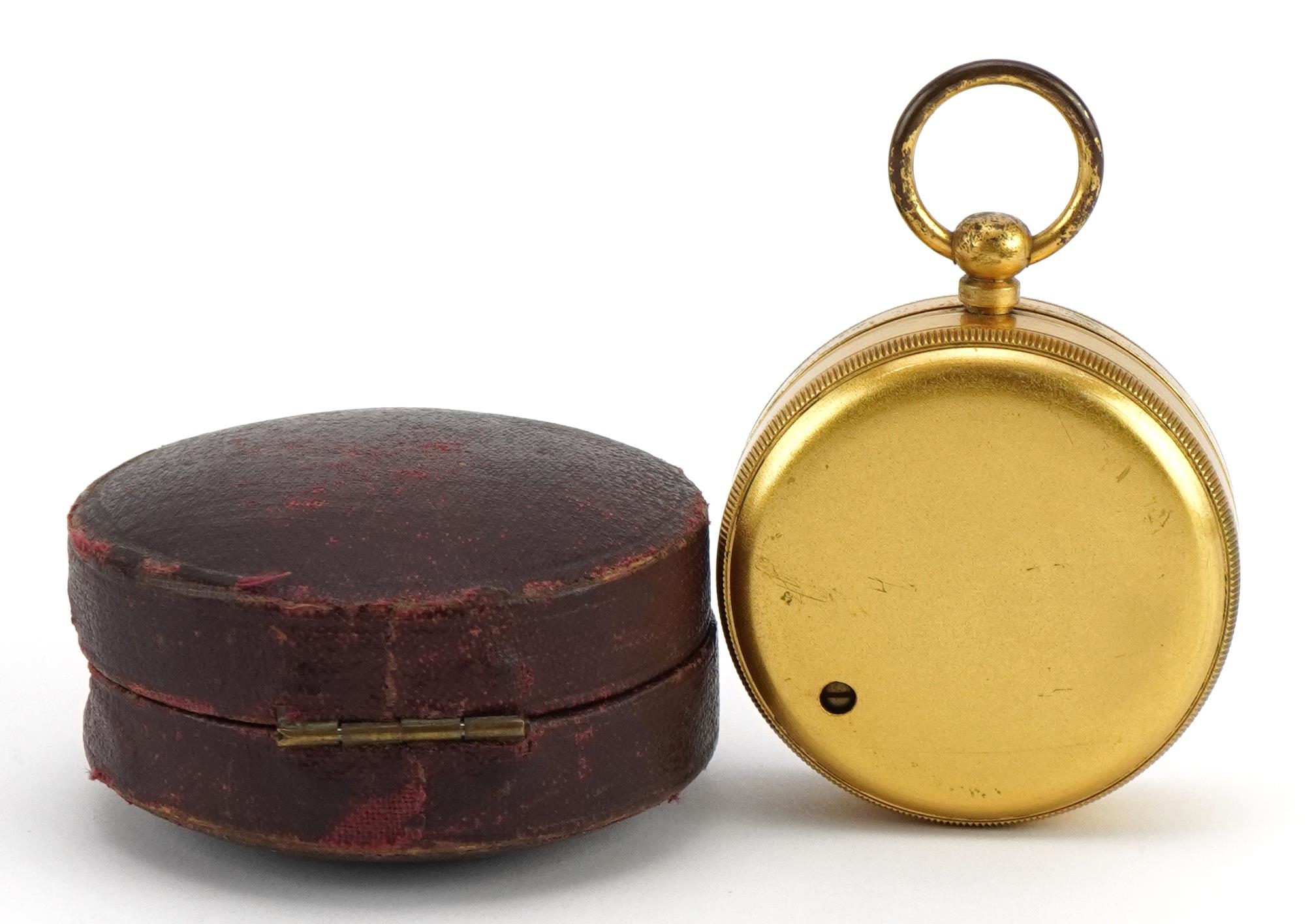 19th century gilt brass travelling pocket compensated barometer with silvered dial and leather case, - Image 2 of 2
