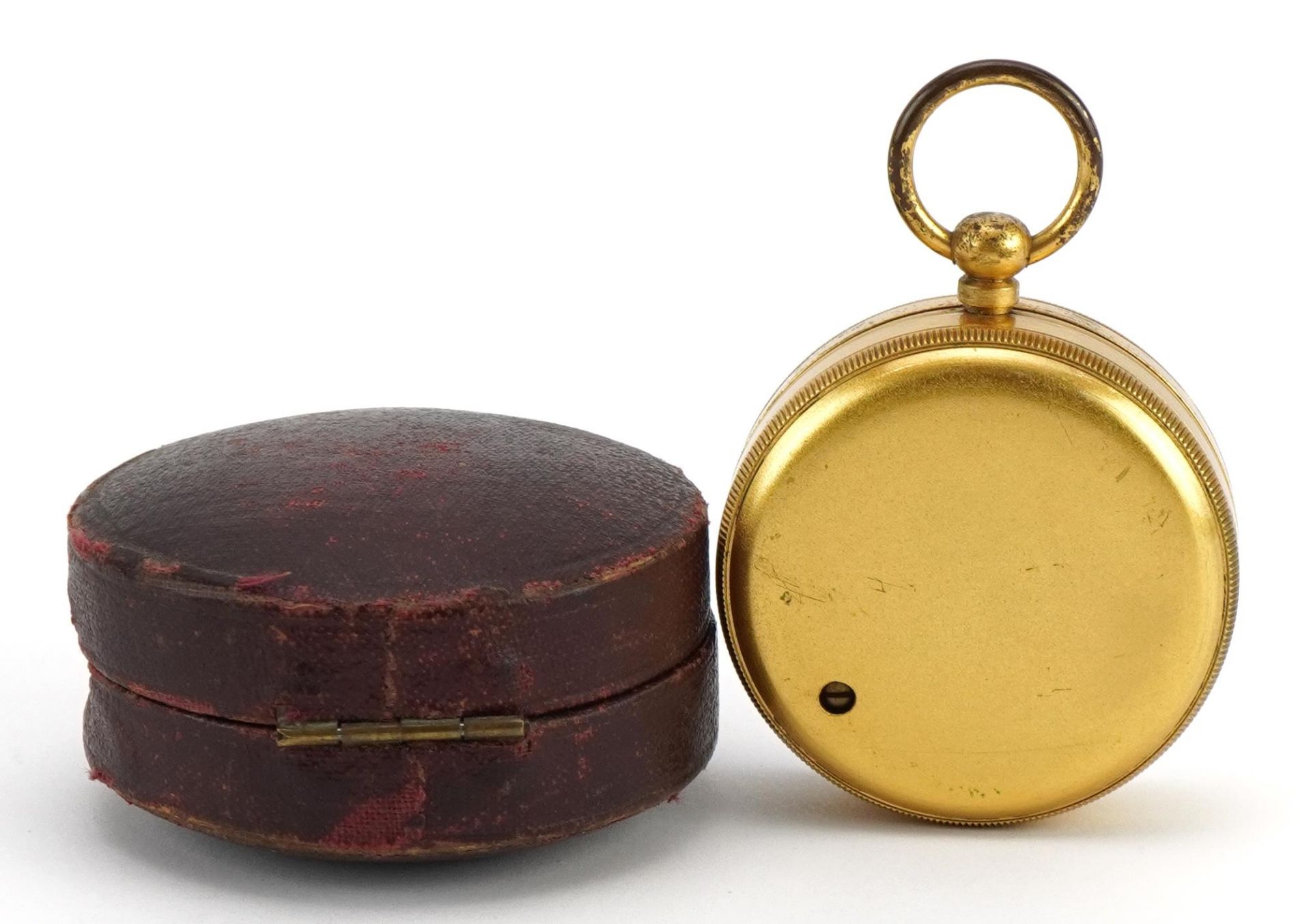 19th century gilt brass travelling pocket compensated barometer with silvered dial and leather case, - Bild 2 aus 2