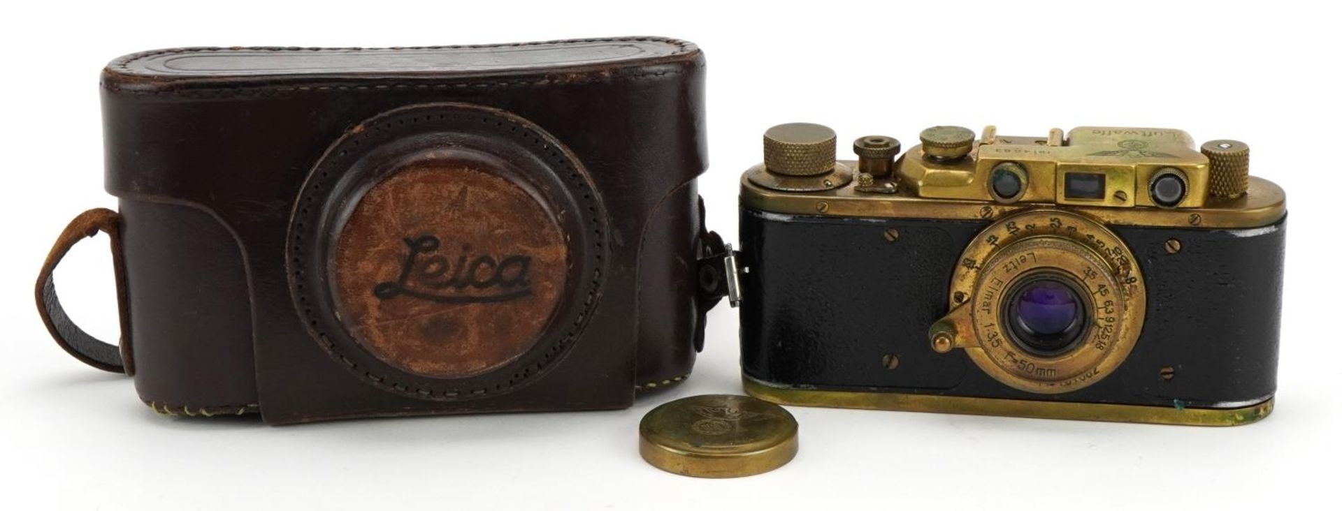 German military interest Leica style camera with Luftwaffe emblem and leather case