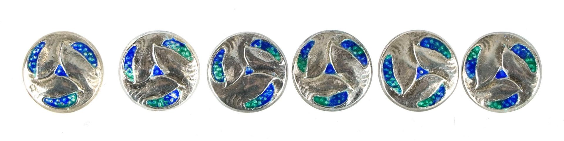 Archibald Knox for Liberty & Co, set of six Arts & Crafts silver and enamel Cymric buttons, housed - Bild 2 aus 4
