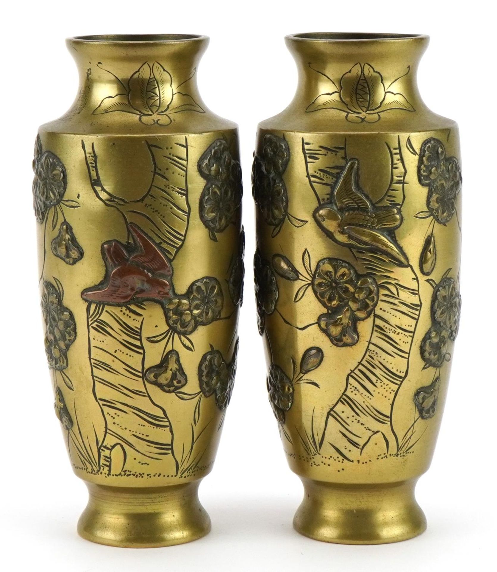 Pair of Japanese bronze vases decorated in relief with birds and flowers, 15cm high