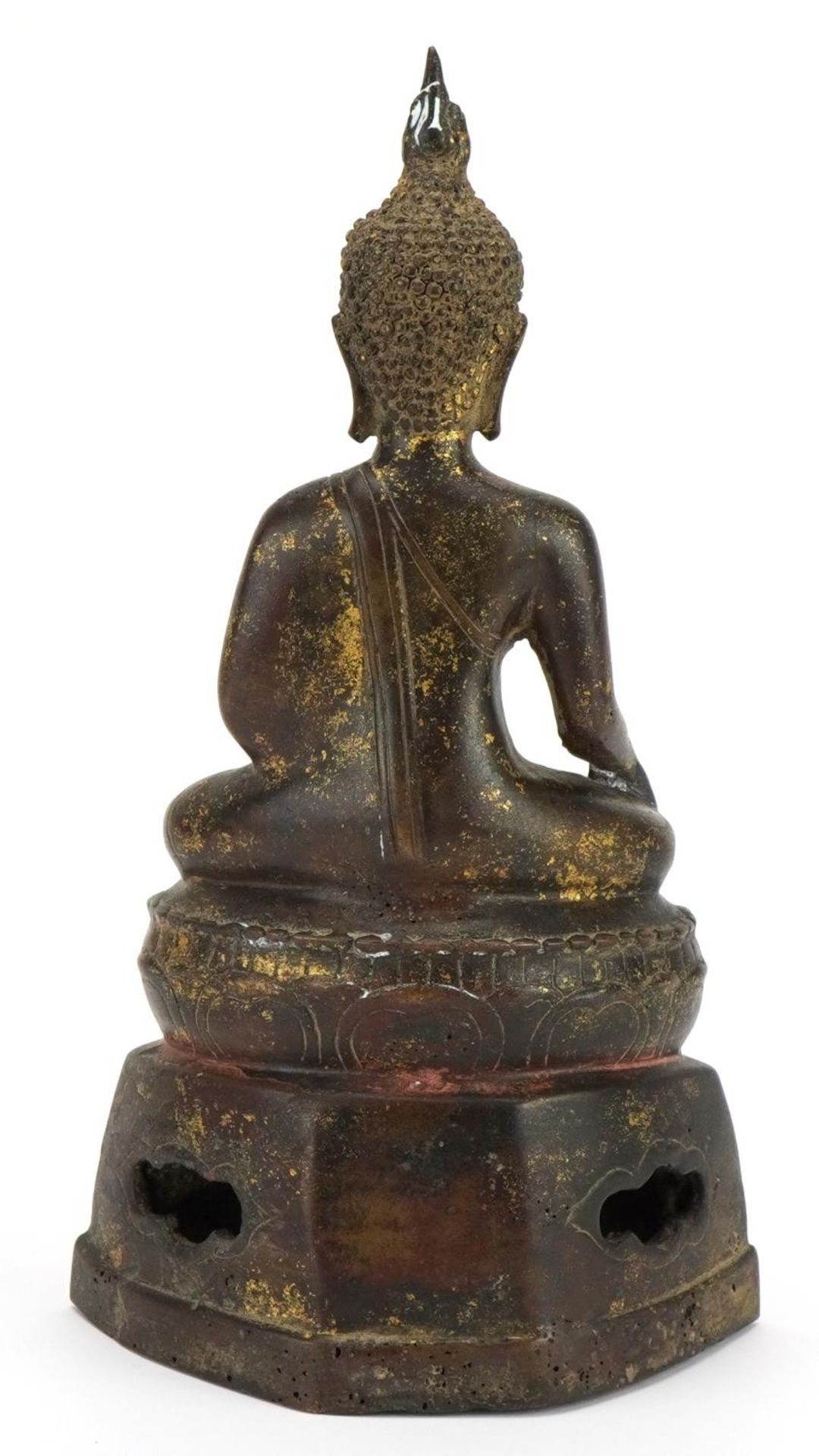 South East Asian partially gilt patinated bronze figure of seated Buddha, 22cm high - Bild 2 aus 3