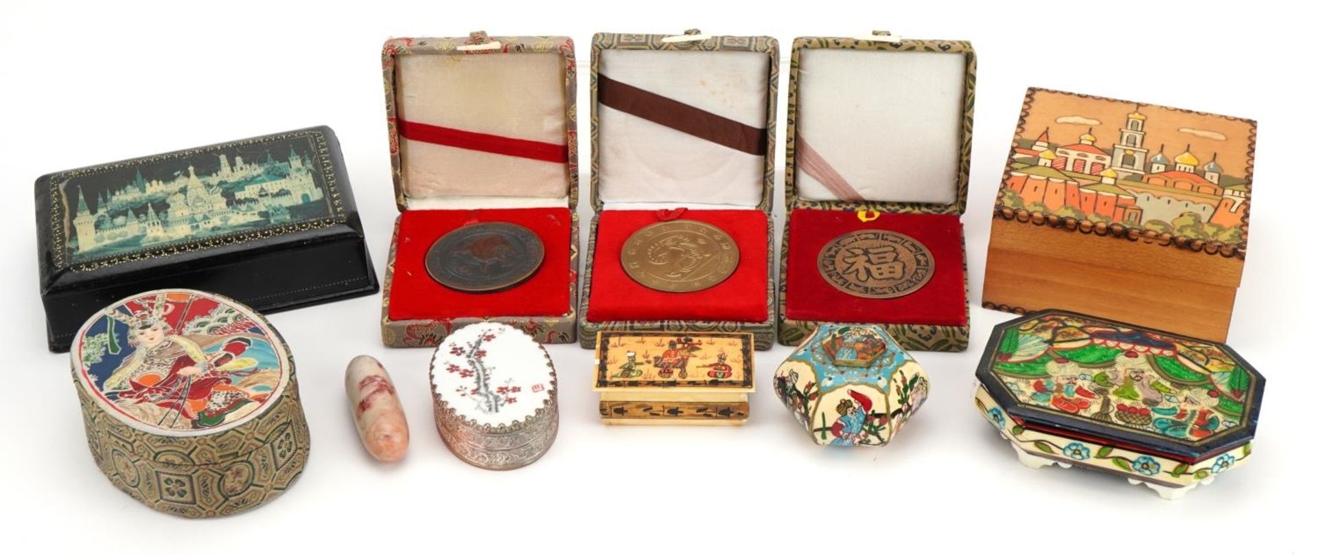 Sundry items including Persian painted bone boxes, Chinese medallions and a Russian lacquered box,