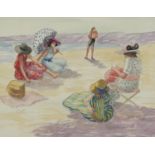 Seated females on a beach, French school watercolour and crayon on paper, inscribed in French verso,
