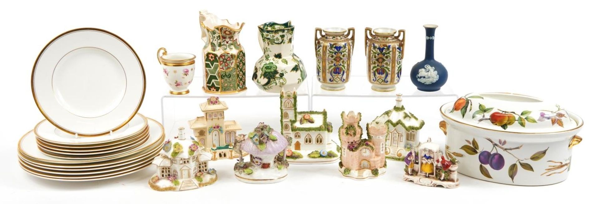 Miscellaneous china including Coalport pastille burners, pair of Noritake vases with twin handles,