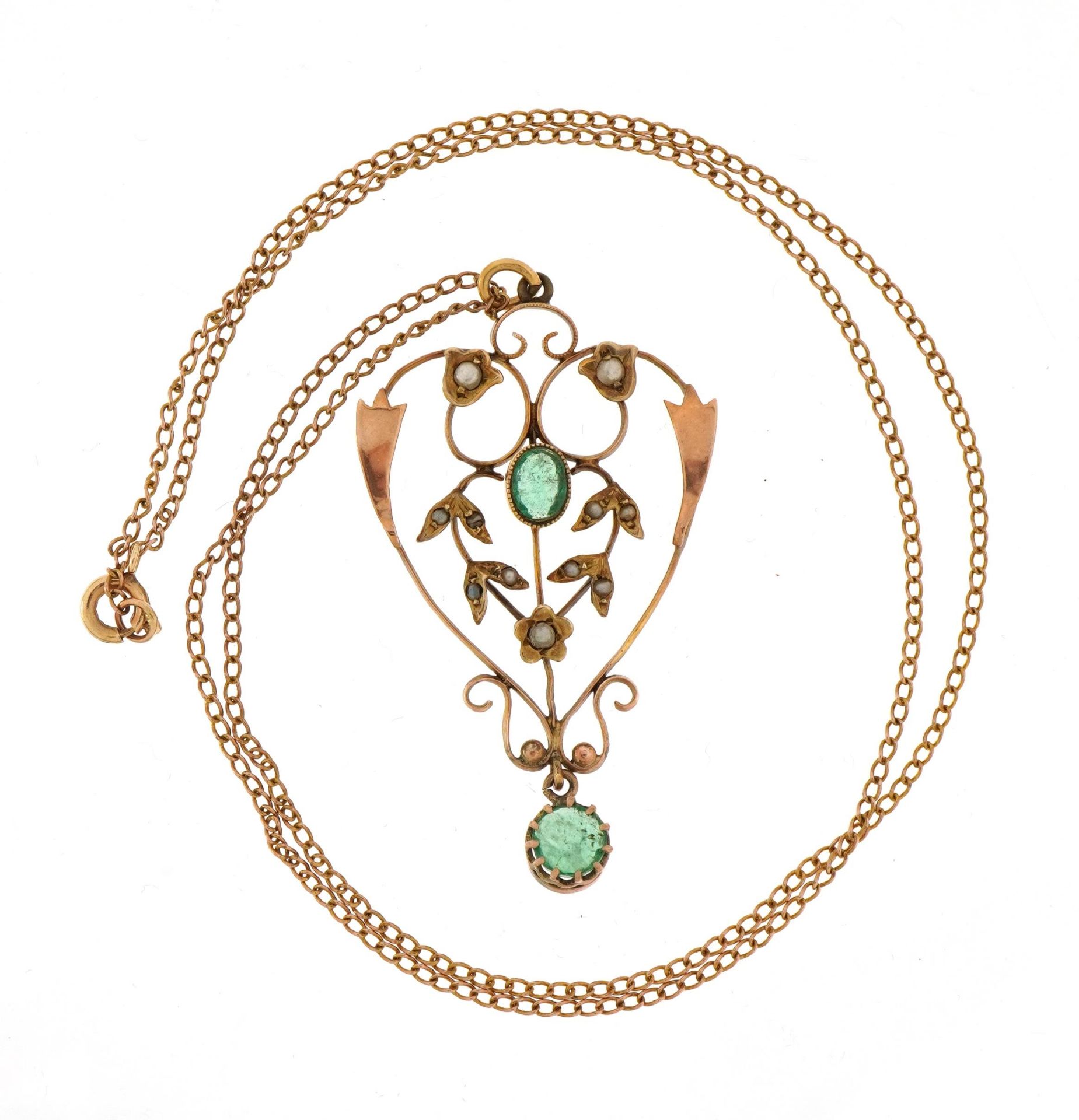 Edwardian 9ct rose gold emerald and seed pearl drop pendant on a 9ct rose gold necklace housed in - Bild 2 aus 5