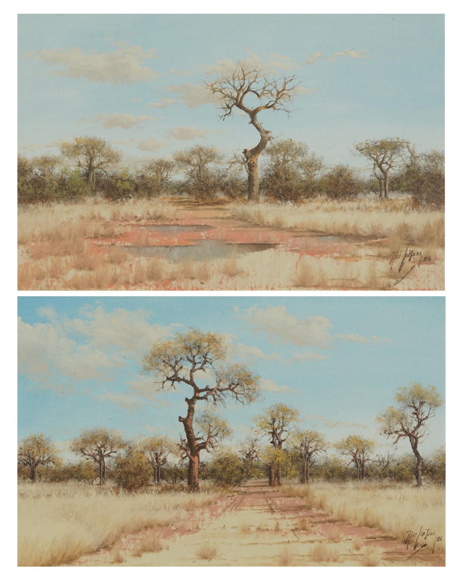 Nico Coetzee - South African landscapes, pair of oil on boards, mounted and framed, each 55cm x 34.