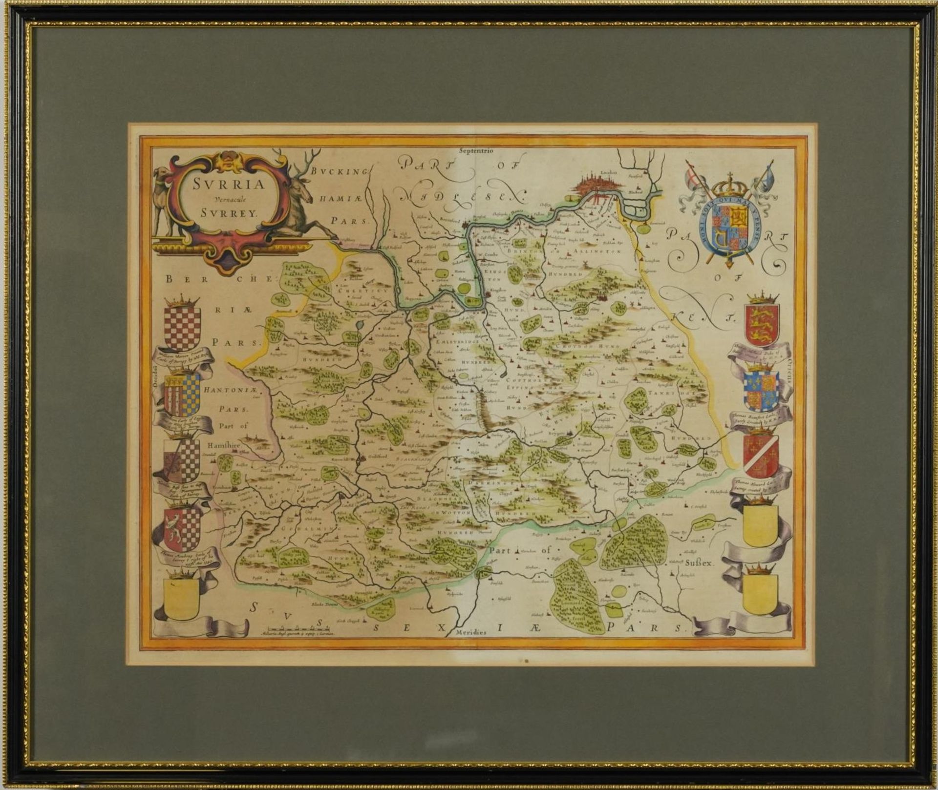 Map of Surrey, antique hand coloured map with crests, mounted, framed and glazed, 50cm x 39cm - Image 2 of 5