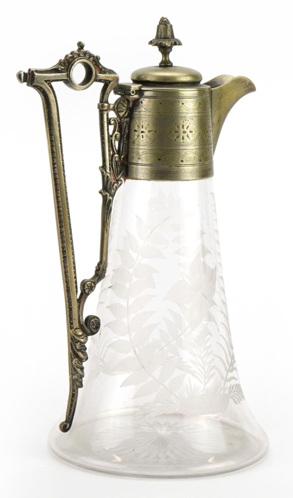 Edwardian glass claret jug with silver plated mounts etched with butterflies amongst ferns, 28cm - Bild 2 aus 3