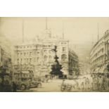 London street scene with figures before buildings, black and white etching, indistinctly signed,