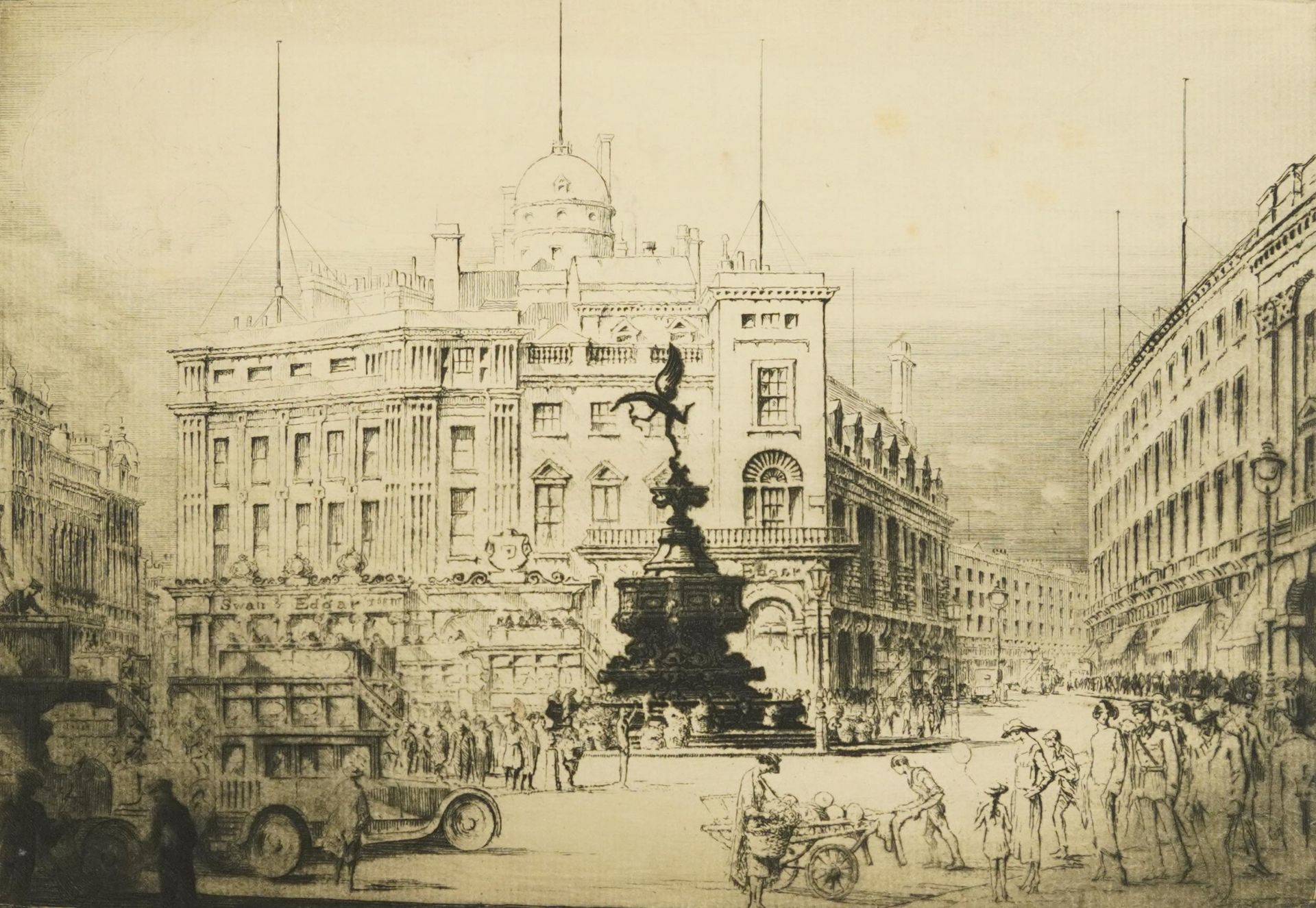 London street scene with figures before buildings, black and white etching, indistinctly signed,