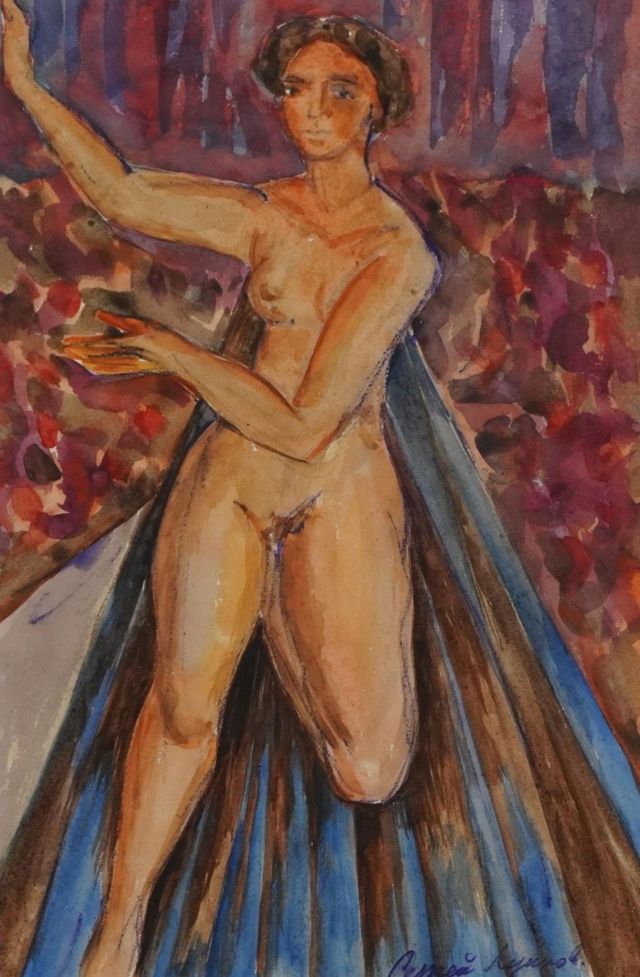 Sergej Michailovich Luppov - Full length portrait of a nude female, Russian watercolour, mounted,