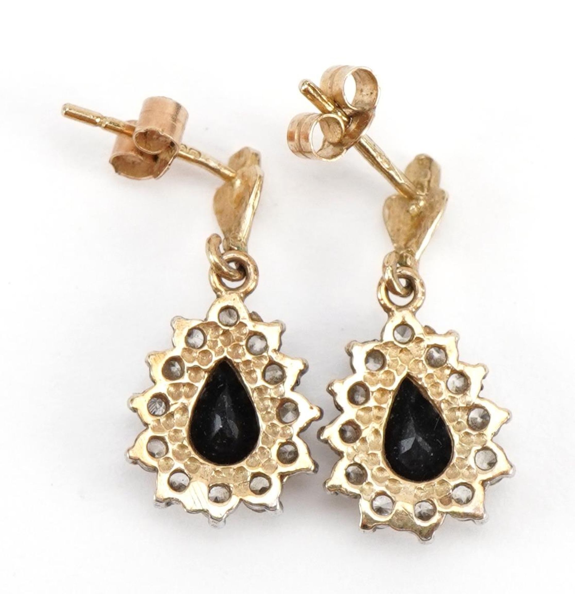 Pair of 9ct gold sapphire and clear stone teardrop earrings, 2.1cm high, 2.3g - Bild 3 aus 4