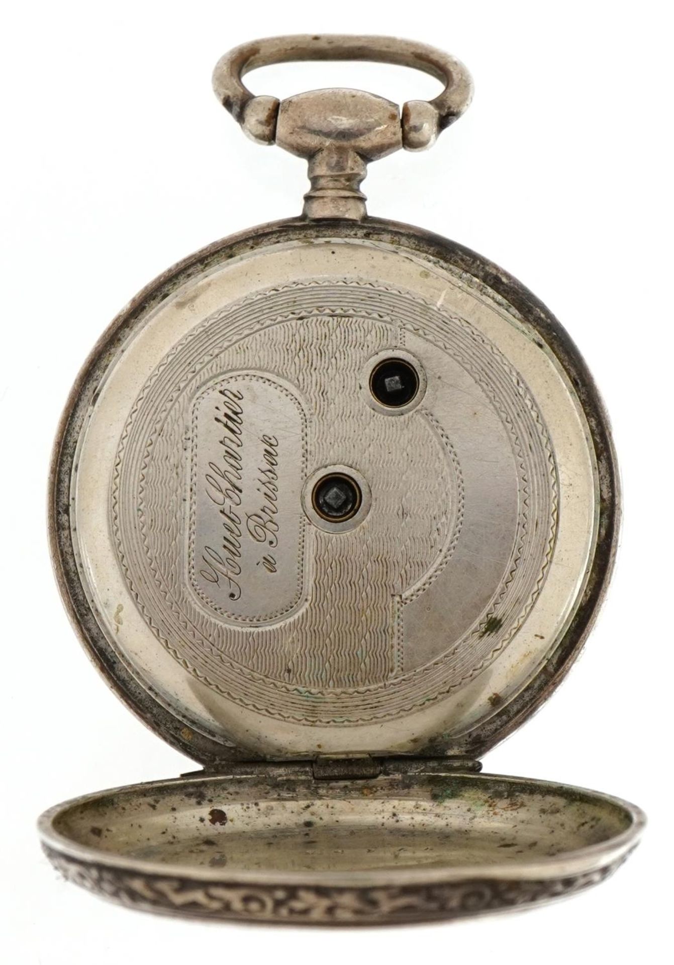 Hewet Chartier white metal open face pocket watch with enamelled dial, the case marked Argent Fin, - Image 4 of 6