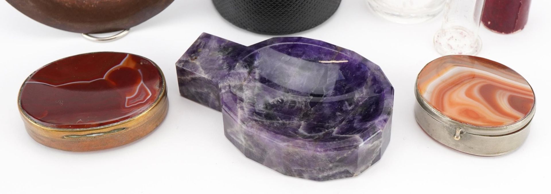 Objects including an amethyst dish, antique glass medical measure with case and two agate snuff - Image 3 of 3