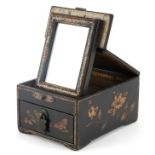 Chinese black lacquered chinoiserie jewellery box with folding mirror to the interior, 8cm high x