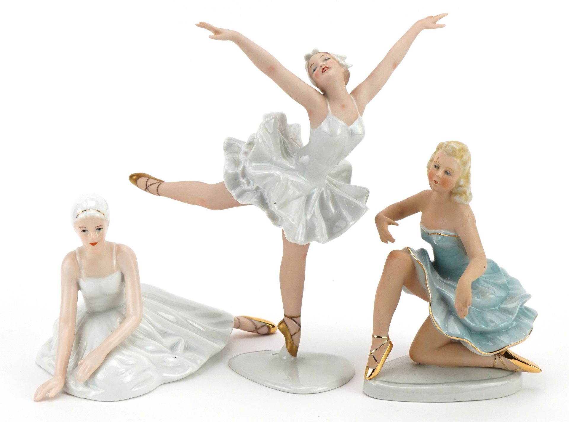 Wallendorf porcelain ballerina figure and two others, the largest 22cm high