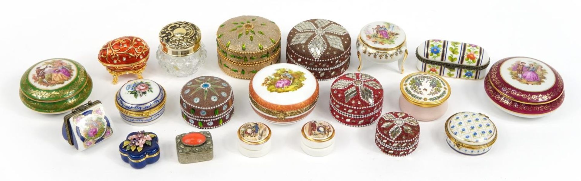 Collection of trinket boxes, some porcelain, some enamelled and some jewelled, the largest 8.5cm