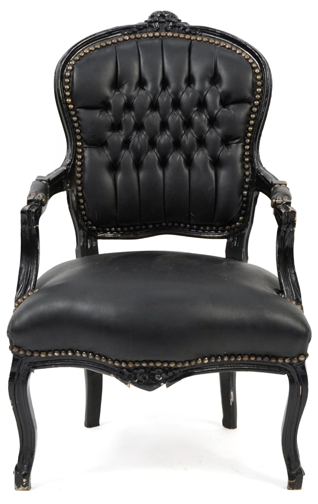 French style black painted elbow chair with black faux leather button back upholstery, 92cm high - Bild 2 aus 3