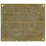 Vintage shipping interest cast metal J J Sietas Schiffswerft 1964 plaque, 30cm x 25cm