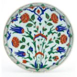 Turkish Ottoman Iznik pottery plate hand painted with flowers, 31cm in diameter