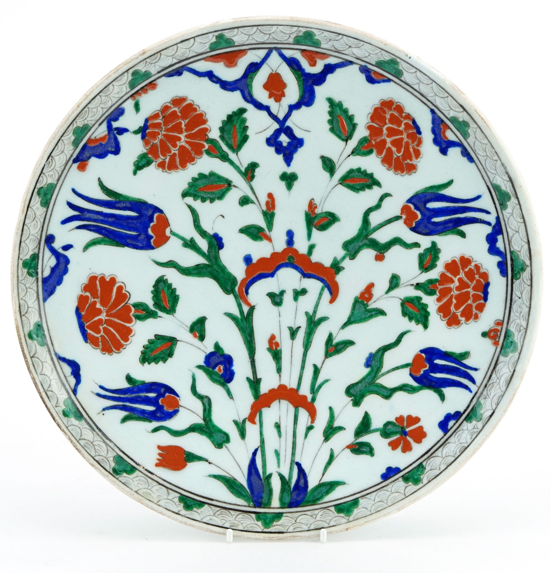 Turkish Ottoman Iznik pottery plate hand painted with flowers, 31cm in diameter