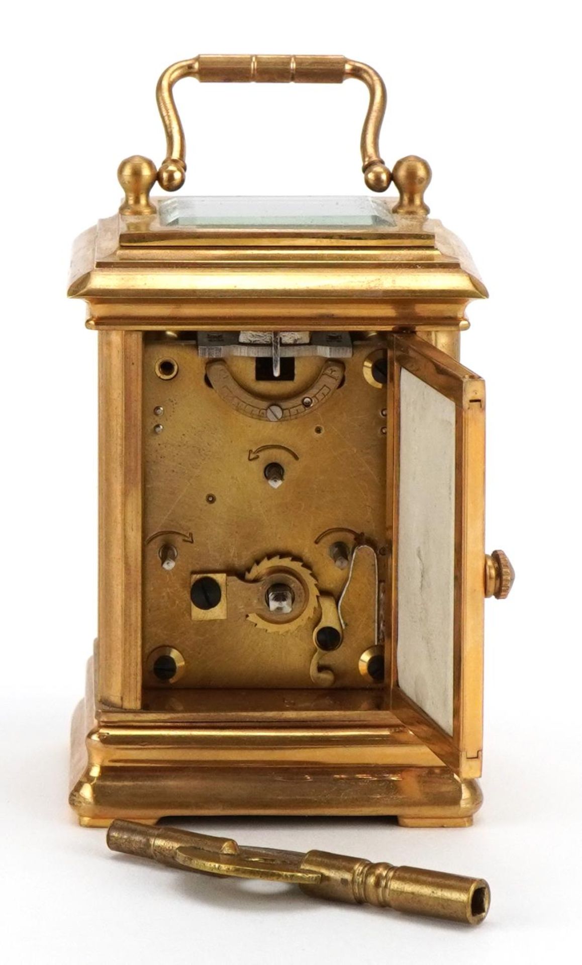 Miniature brass cased carriage clock with swing handle and Sevres style panels, hand painted with - Image 3 of 5