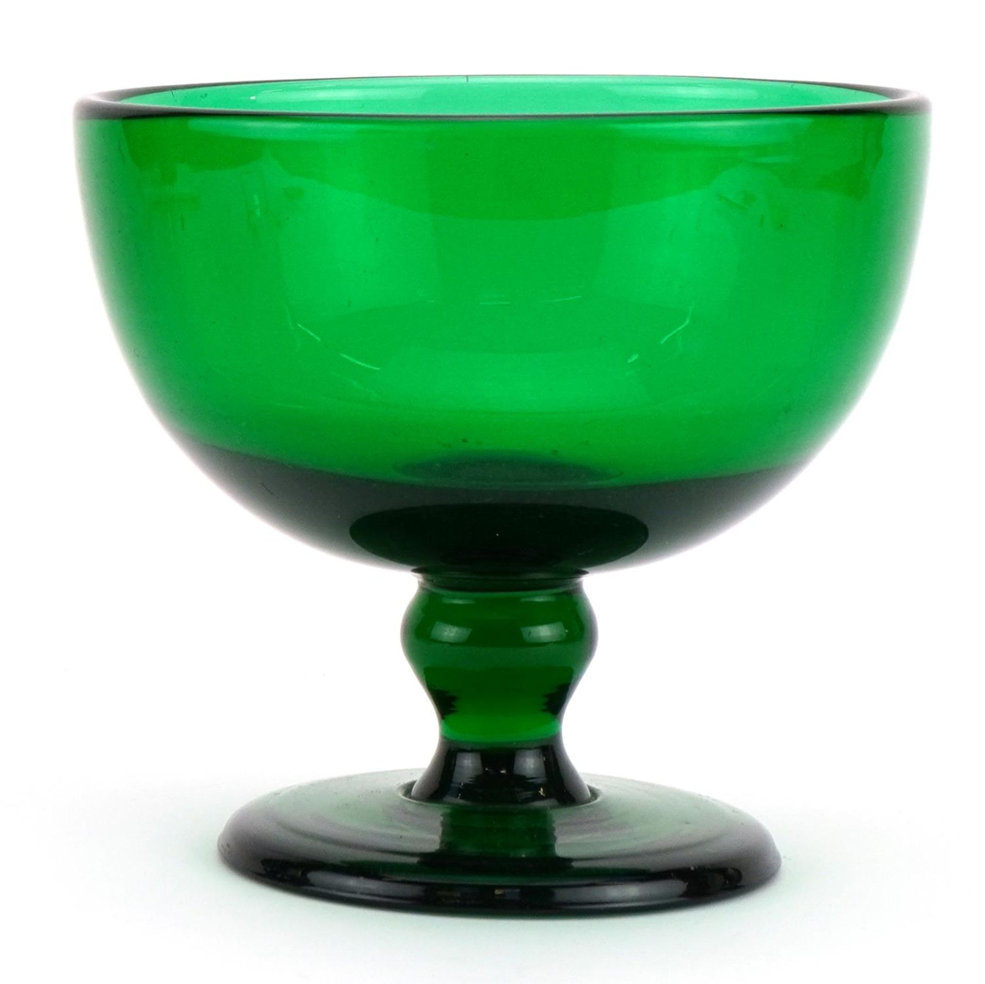 Antique pedestal green glass finger bowl, 4cm in diameter