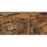 Railway line with pylons, relief collage, possibly Welsh mining or prisoner of war, mounted,