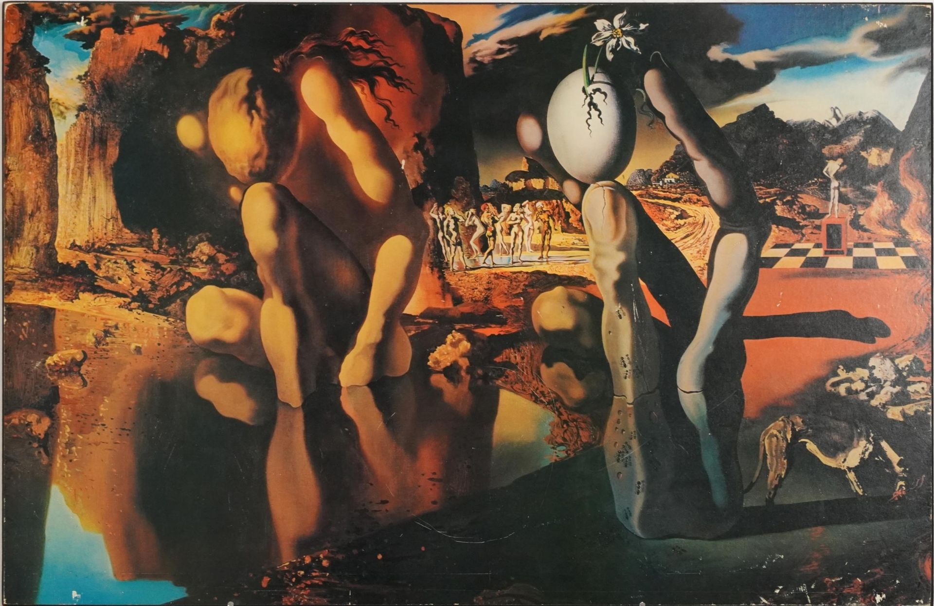 After Salvador Dali - Metamorphosis of Narcissus, print in colour on board, unframed, 85cm x 55cm