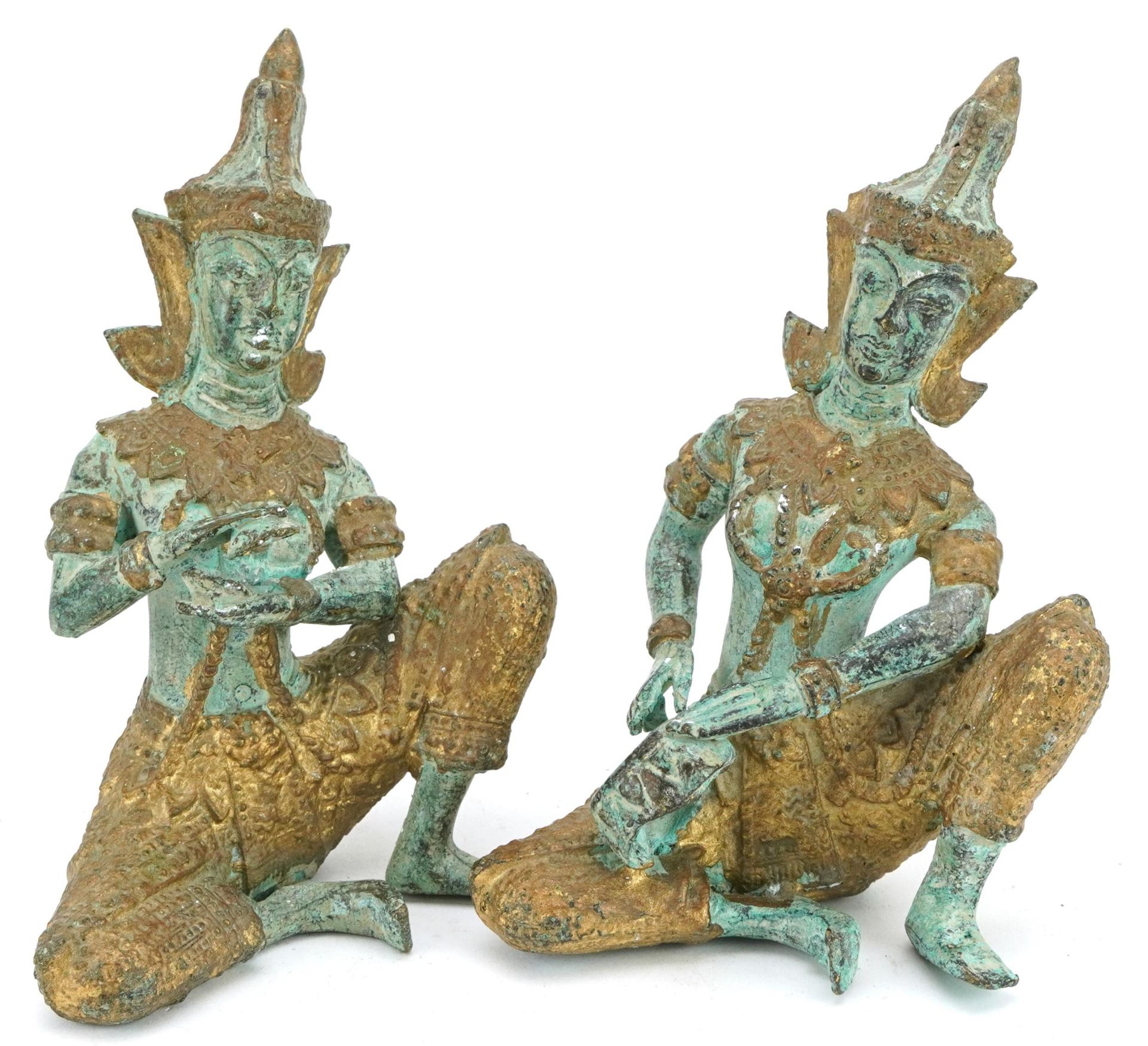 Pair of Thai partially gilt bronze figures of Buddha, 15cm high