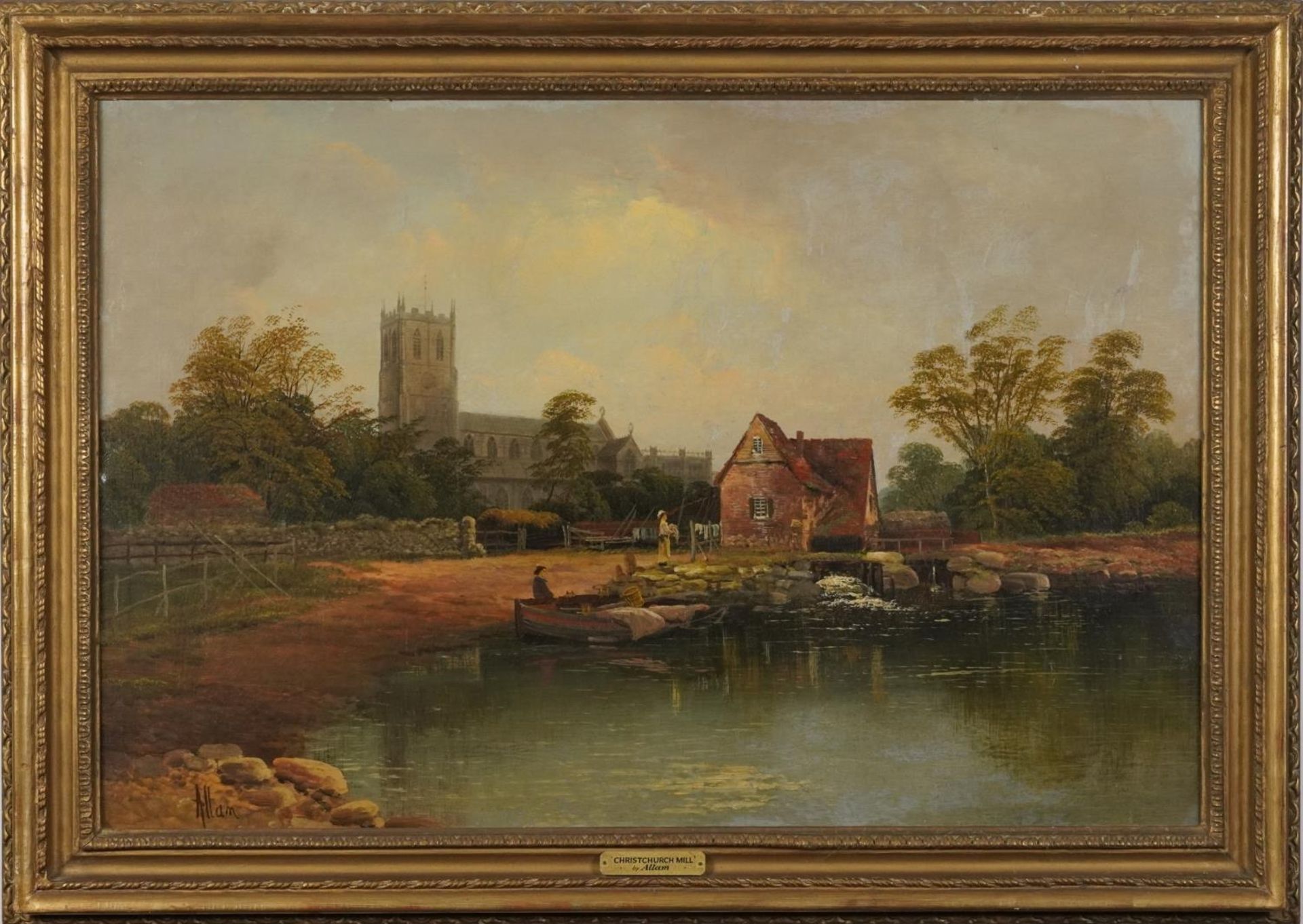 Richard Allam - Figures beside a lake before a cathedral, 19th century oil on canvas, applied plaque - Bild 2 aus 4