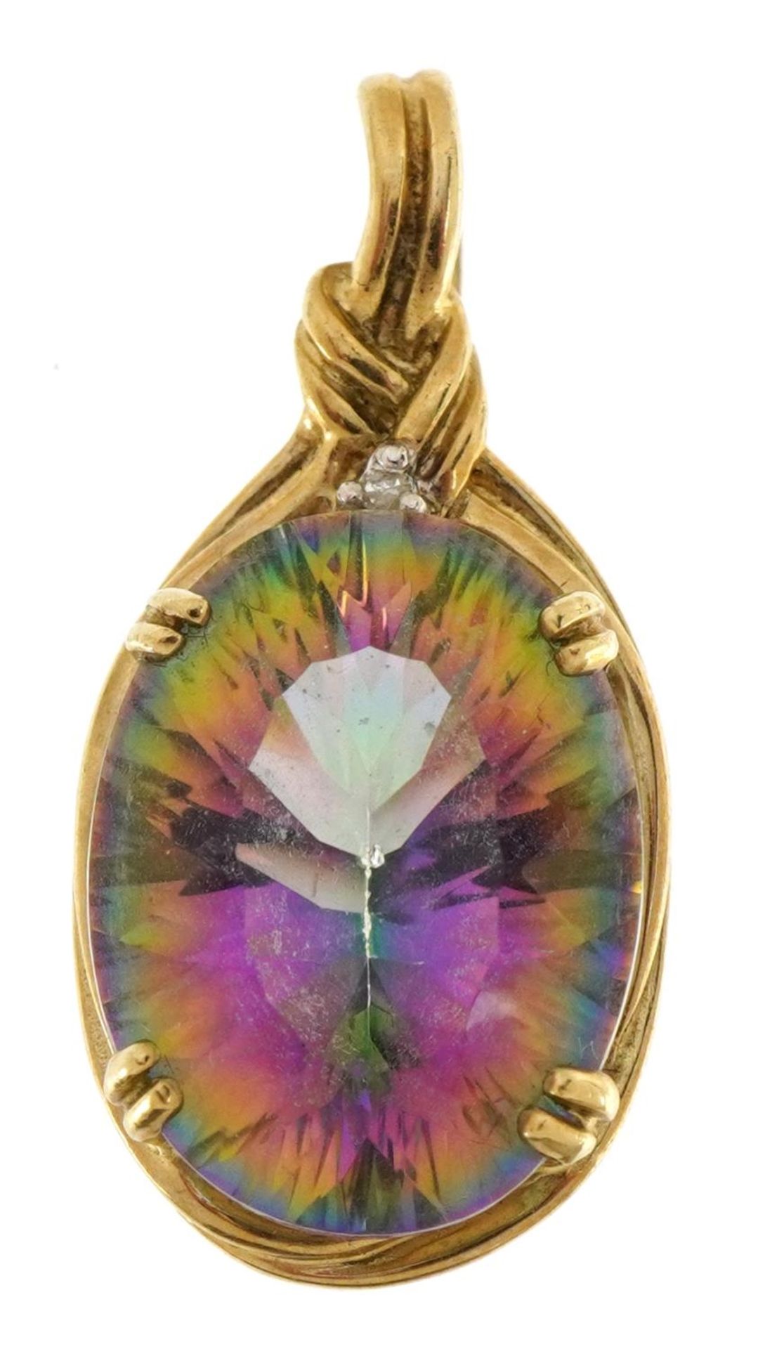 9ct gold rainbow quartz pendant set with a diamond, the rainbow quartz approximately 16.1mm x 12.