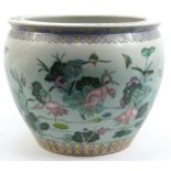 Large Chinese porcelain jardiniere hand painted with ducks amongst aquatic life, 50cm in diameter