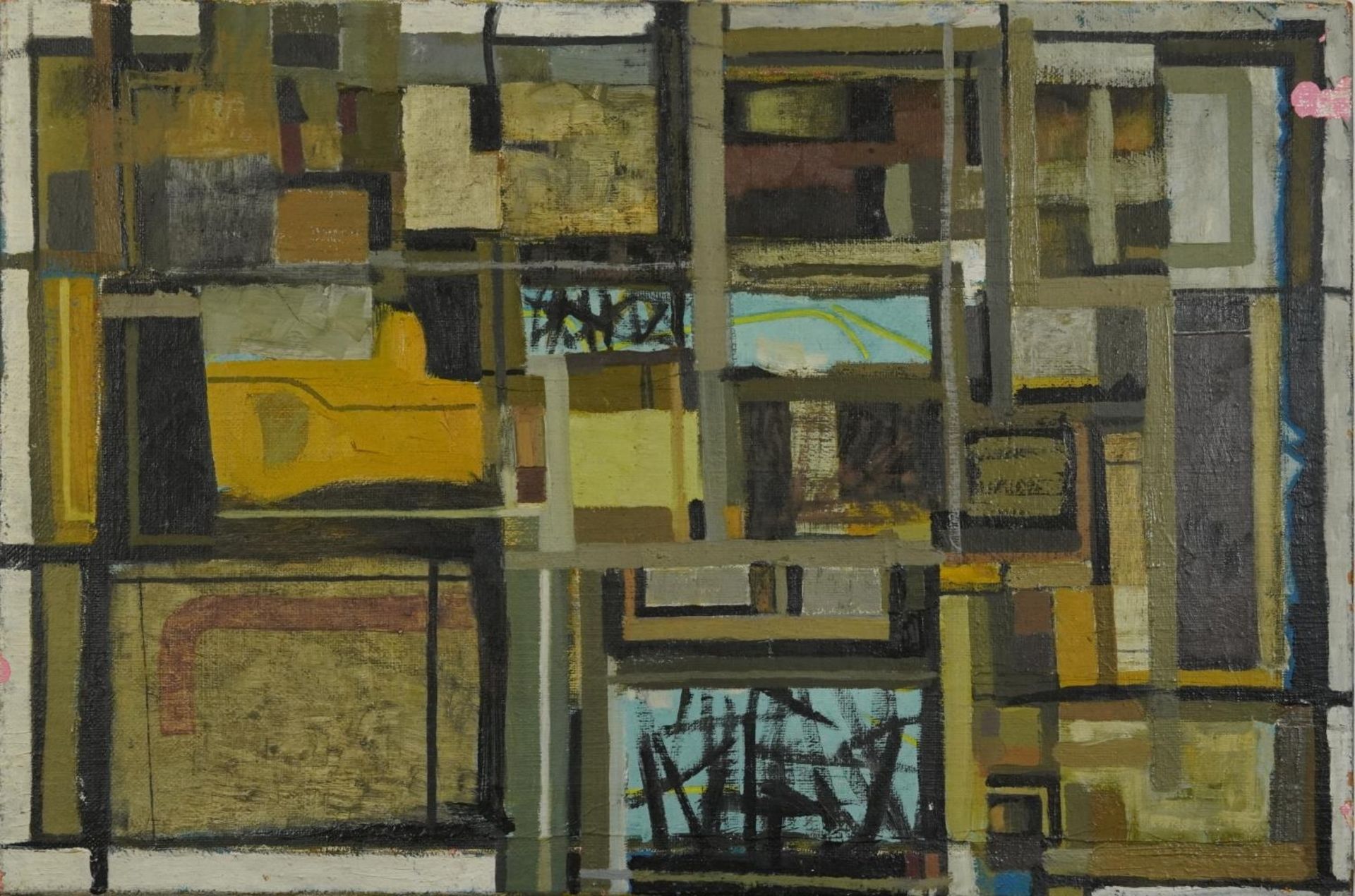 Ron Dellar - Abstract composition, geometric shapes, oil on canvas, inscribed verso Interior,