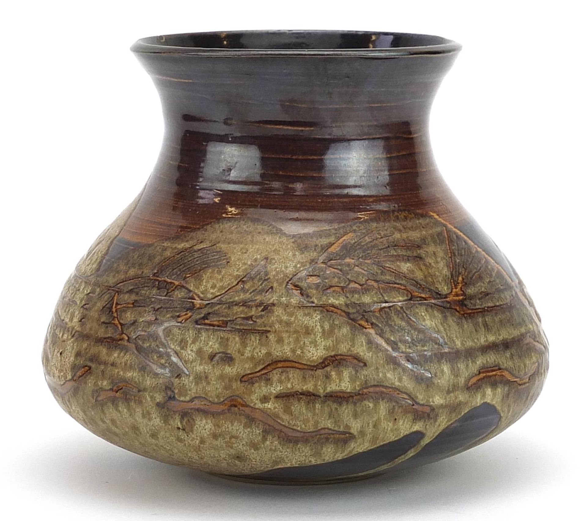 Martin Brothers style stoneware vase hand painted with stylised fish, incised R W Martin 1912 to the - Bild 2 aus 3