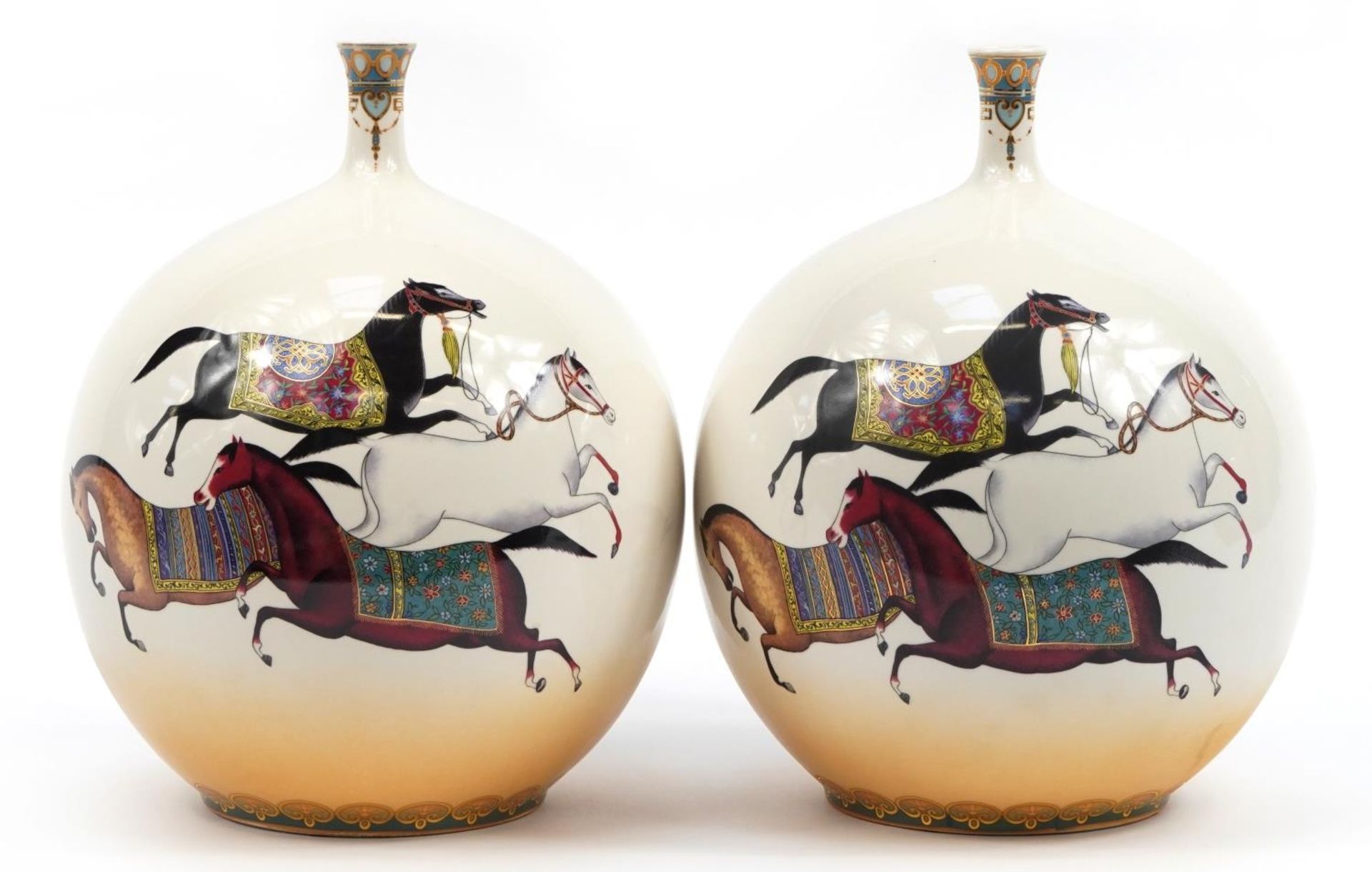 Large pair of globular porcelain vases decorated with horses, 38cm high