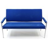 Fritz Hansen, Danish Kay Hansen chrome settee with blue upholstered back and seat, model 7505, label