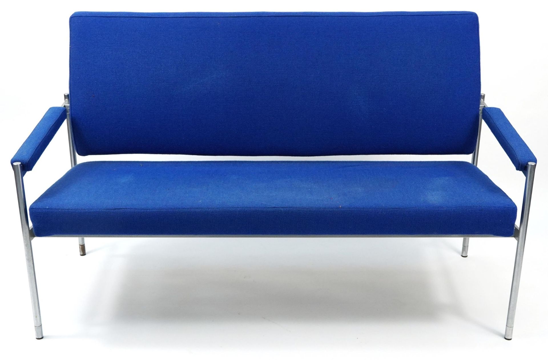 Fritz Hansen, Danish Kay Hansen chrome settee with blue upholstered back and seat, model 7505, label