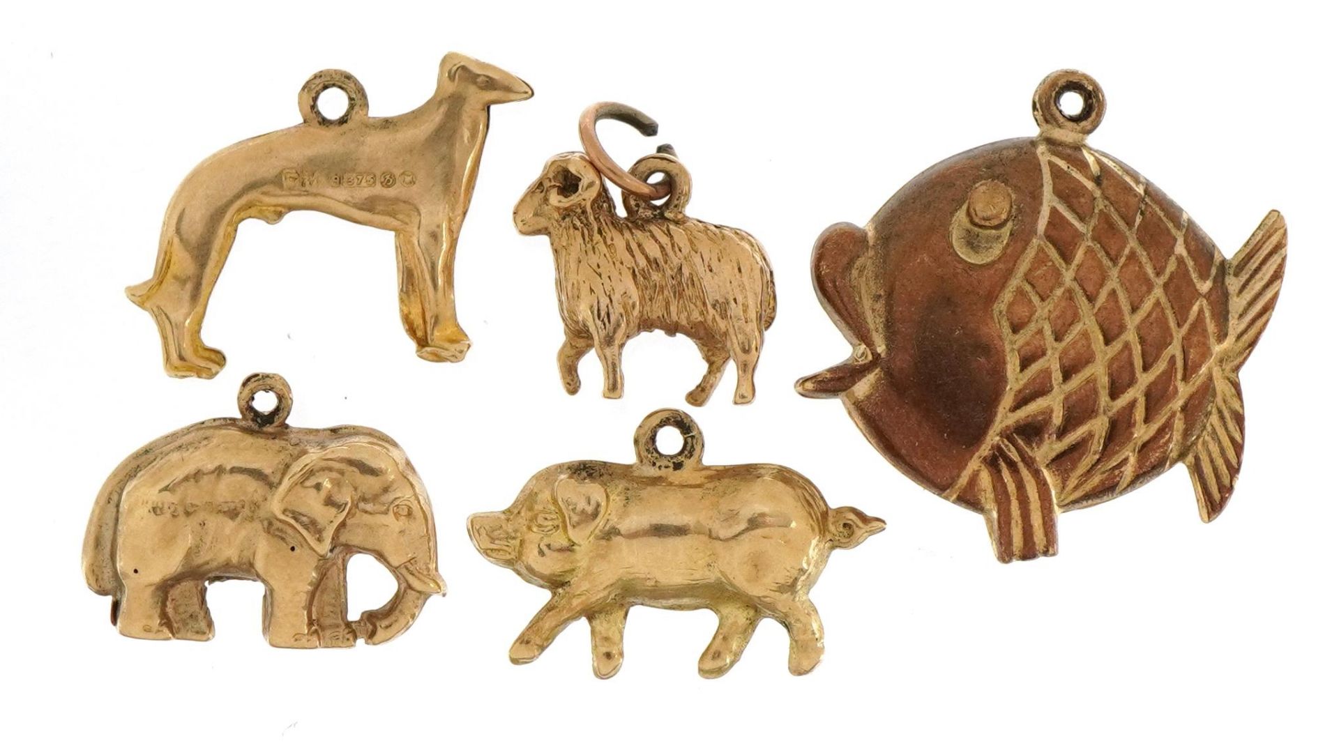 Five 9ct gold animal charms including Greyhound, pig and elephant, the largest 2.0cm wide, total 5.