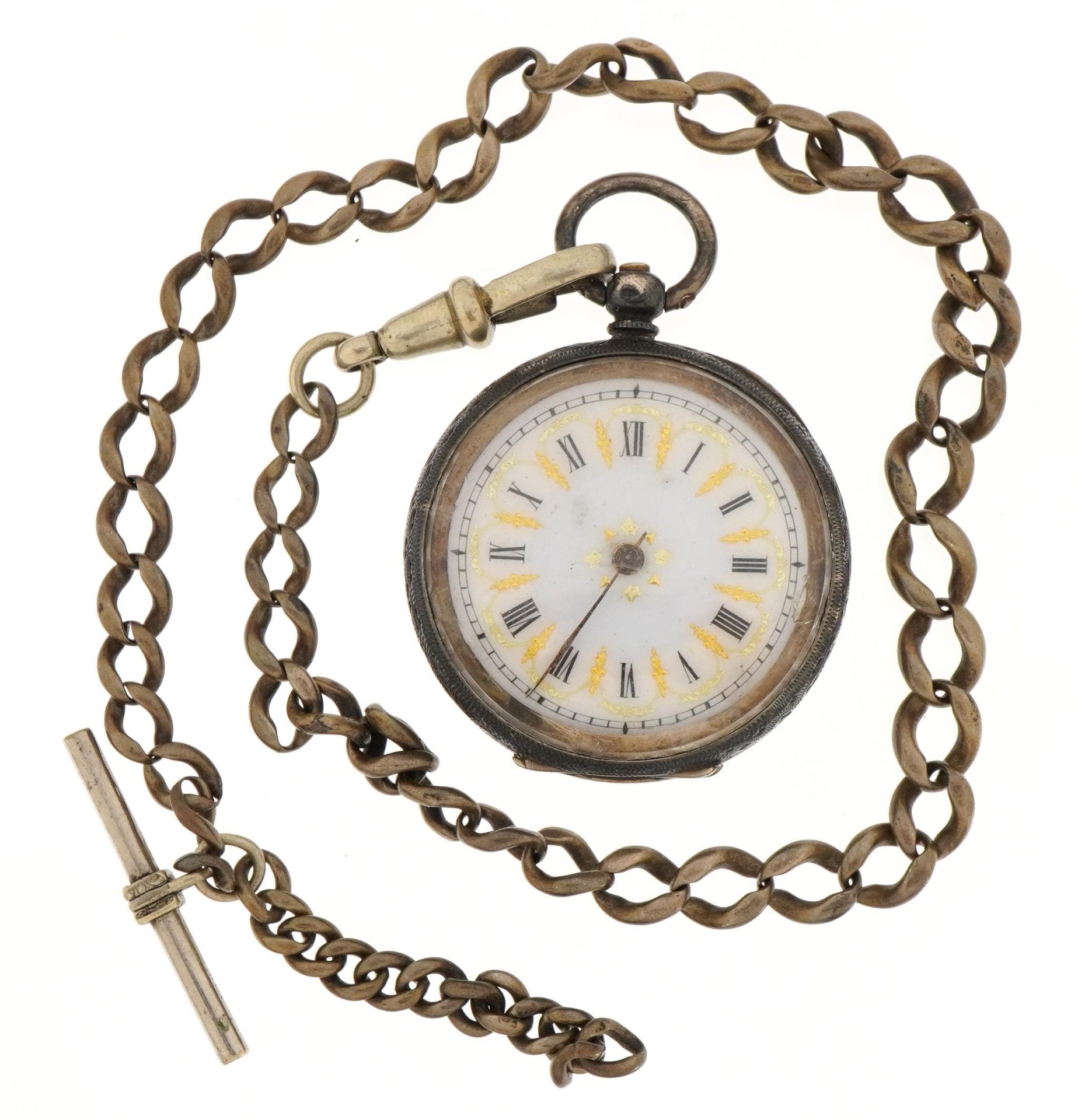 Continental ladies silver open face pocket watch with enamelled dial and silver watch chain, the - Bild 2 aus 5