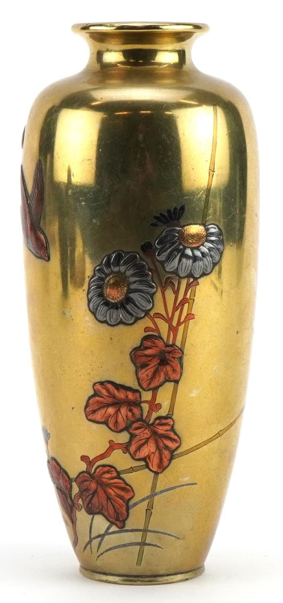 Japanese bronze and mixed metal vase decorated with birds amongst flowers, 16cm high