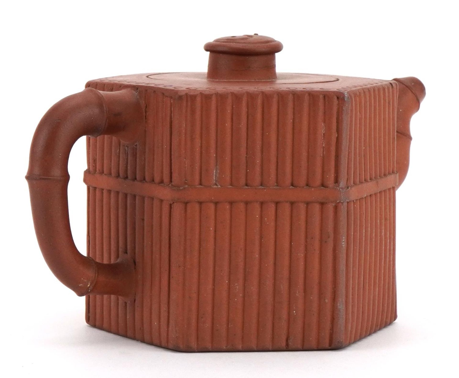 Chinese Yixing terracotta teapot with hexagonal body, impressed character marks to the base, 16. - Image 2 of 4